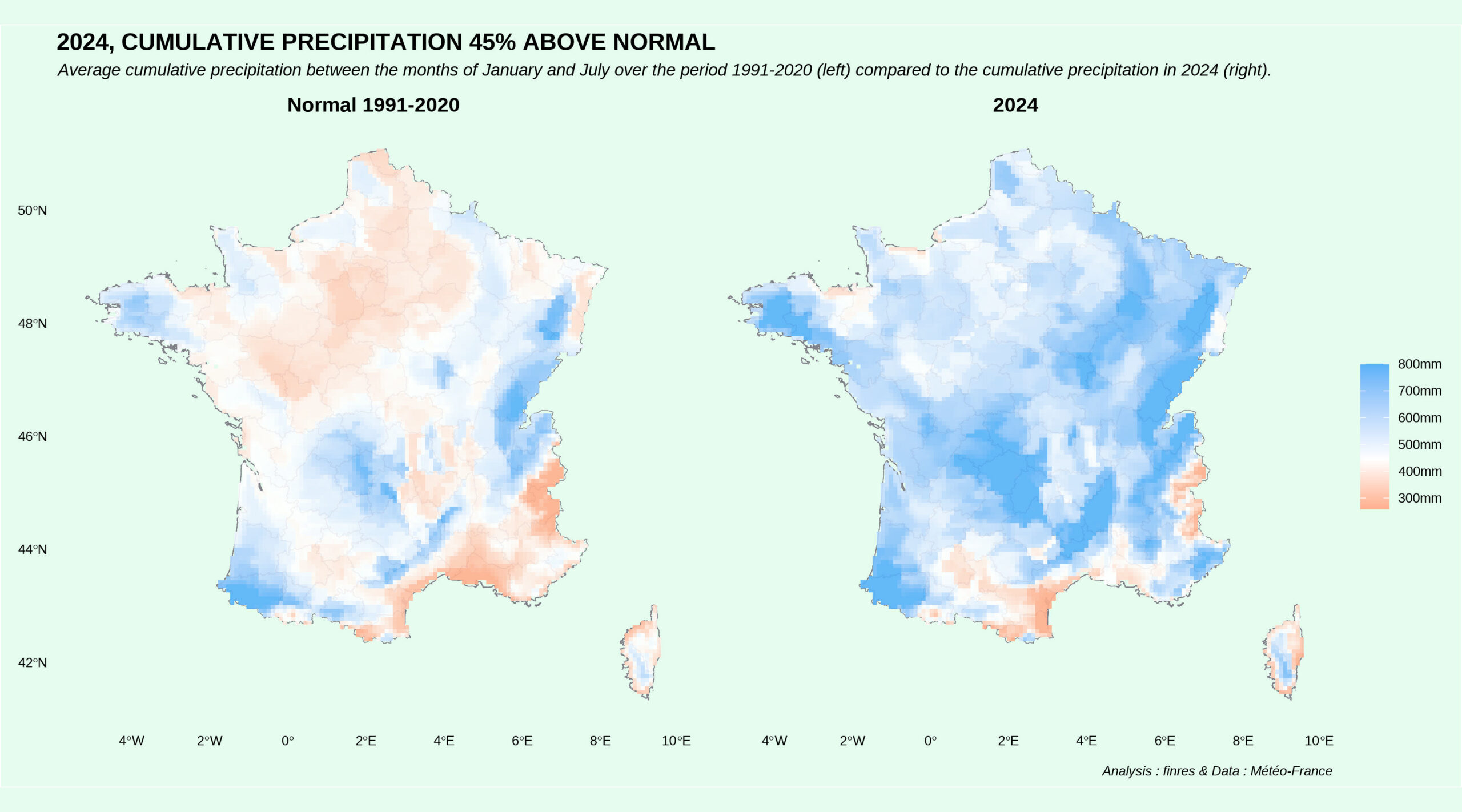 Cumulative Precipitation in France 2024 vs reference period