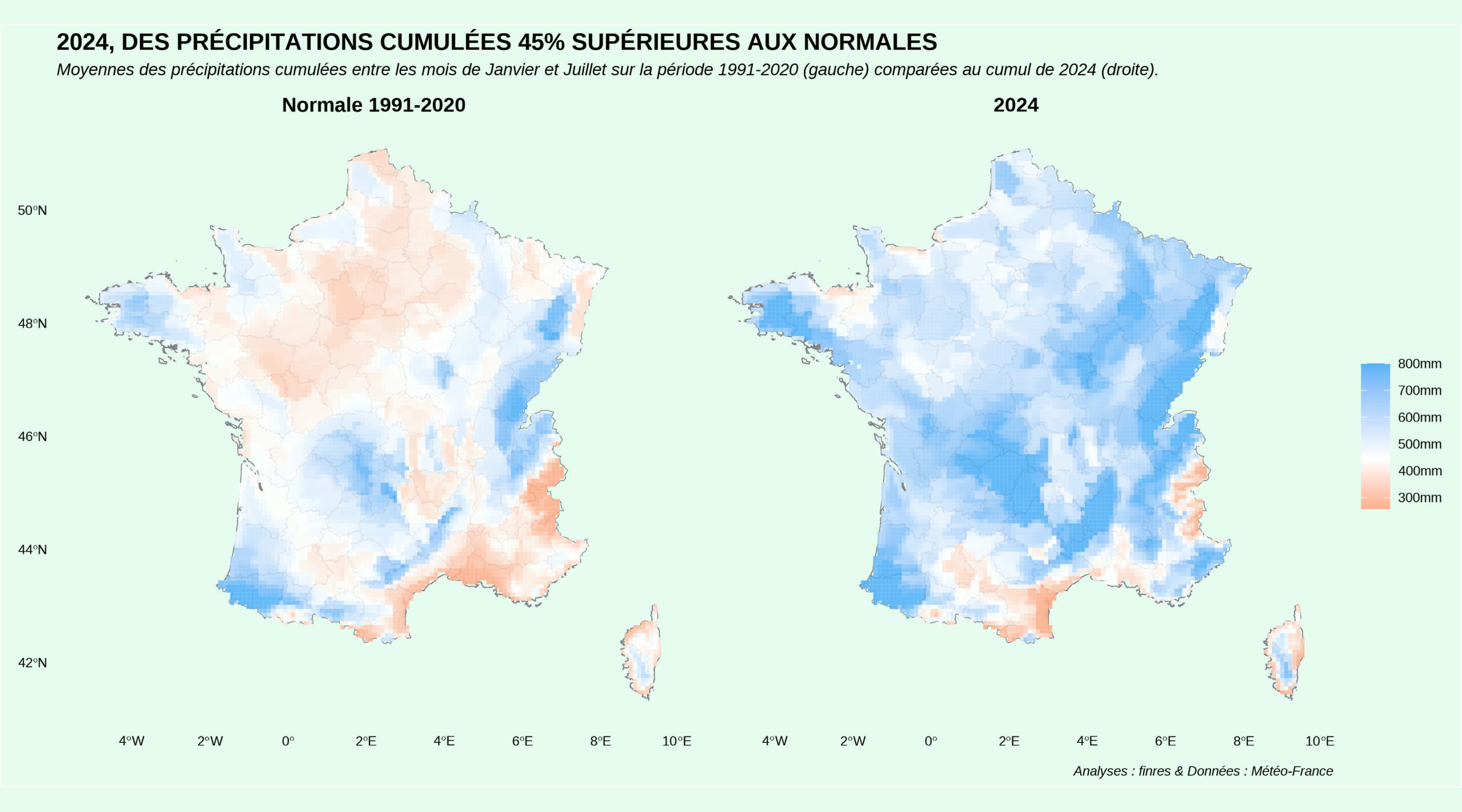 Cumulative Precipitation in France 2024 vs reference period